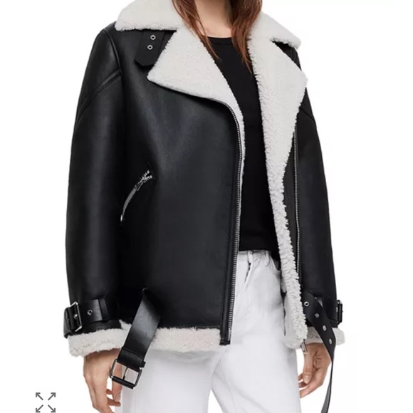 AllSaints Black Leather Shearling-Trim Biker Jacket - Picture 7 of 7